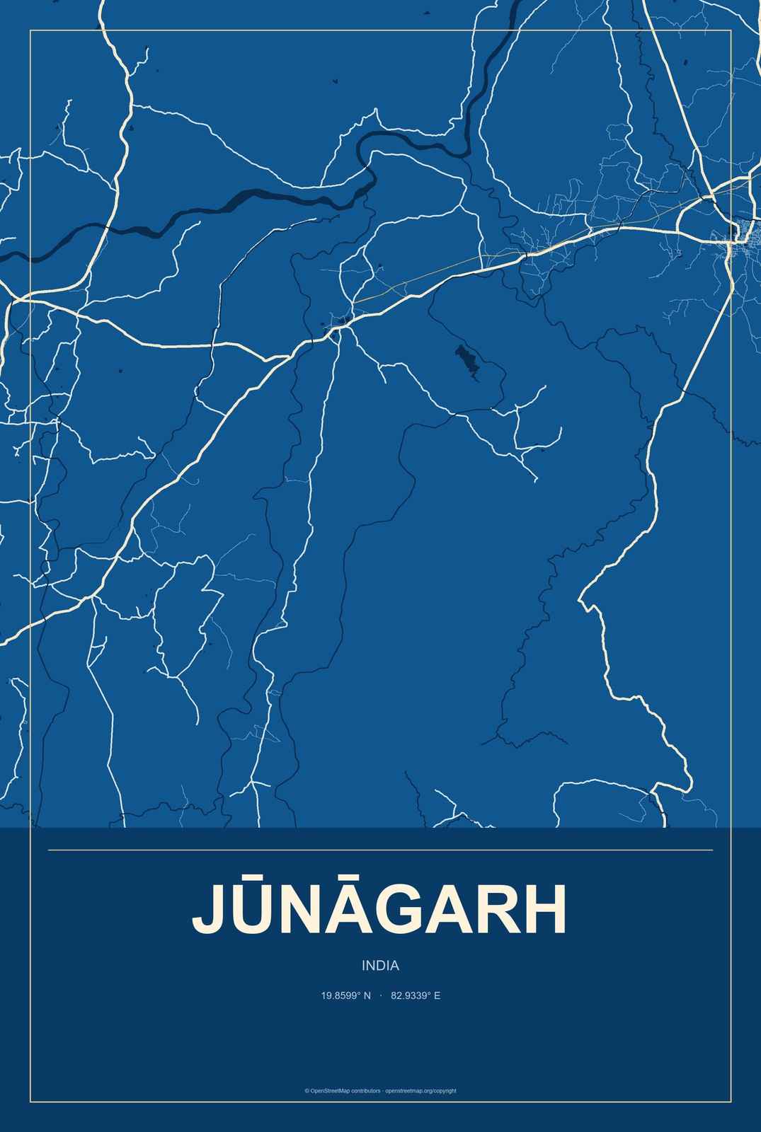 Jūnāgarh, India City Map Aluminum Sign in Harbor Cobalt style