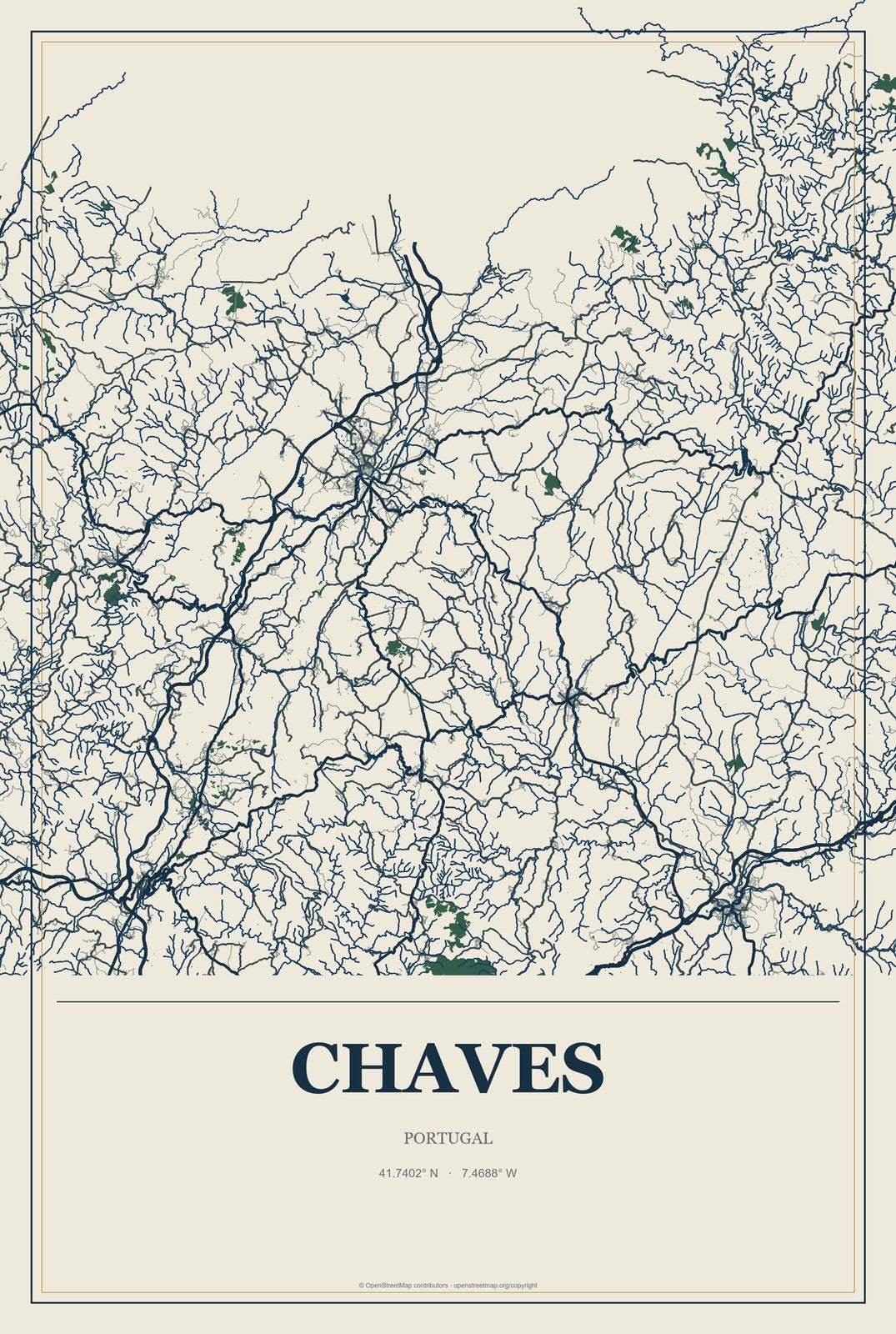 Chaves, Portugal City Map Aluminum Sign in Coastal Cutout style