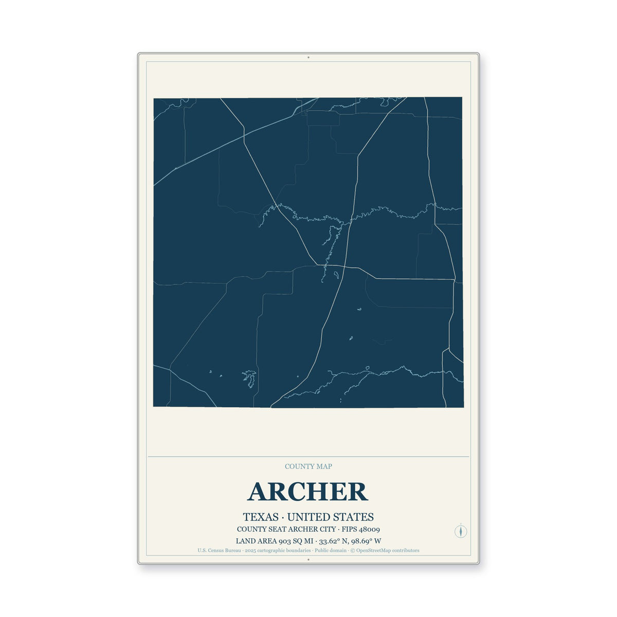 Archer County, Texas Map Aluminum Sign in Coastal Cutout style