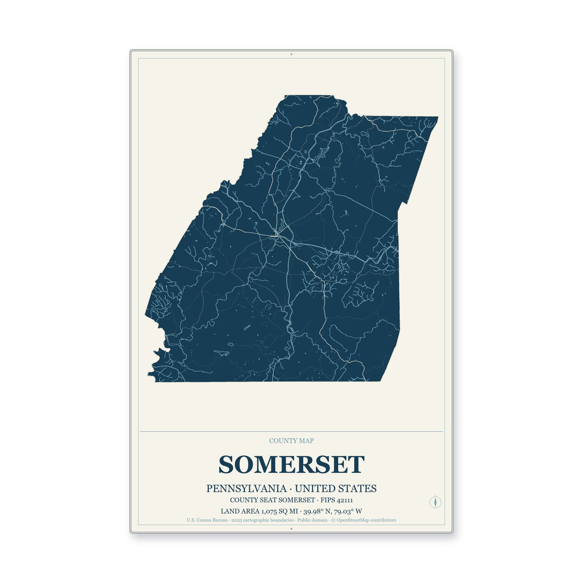 Somerset County, Pennsylvania Map Aluminum Sign in Coastal Cutout style