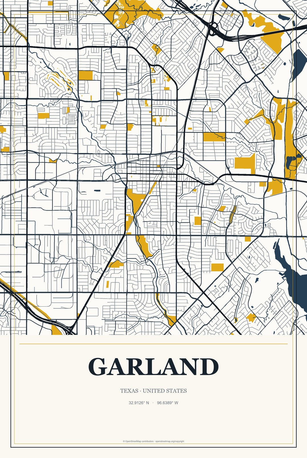 Garland, Texas City Map Aluminum Sign in Citrine Modern style