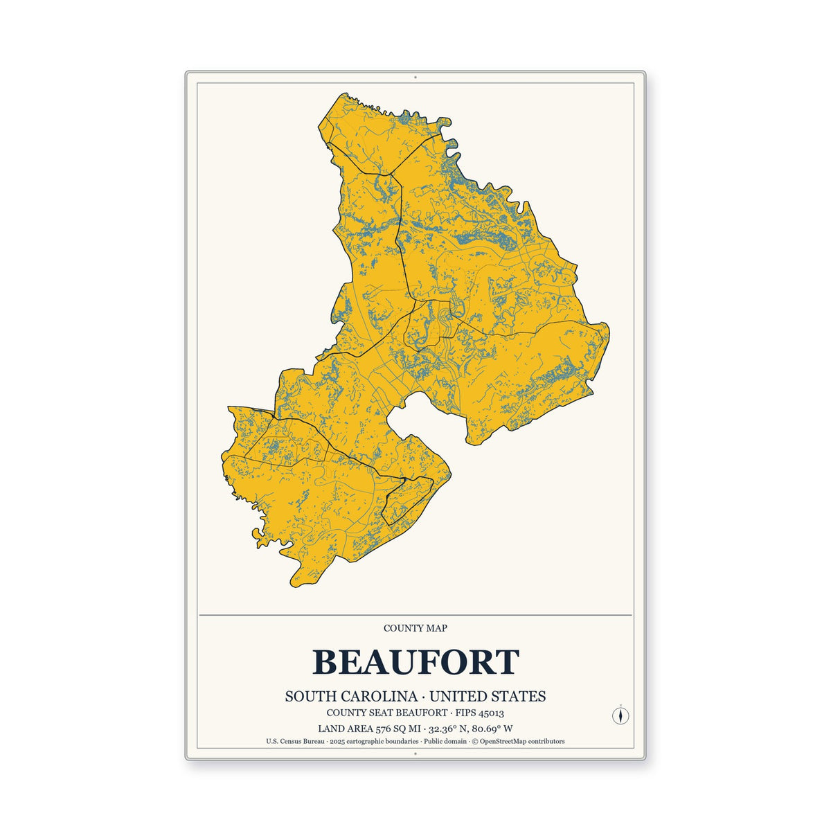 Beaufort County, South Carolina Map Aluminum Sign in Citrine Modern style