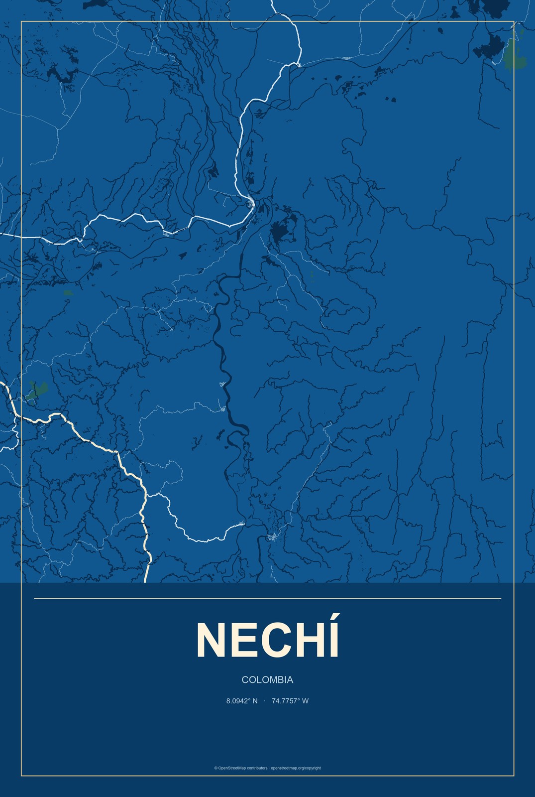 Nechí, Colombia City Map Aluminum Sign in Harbor Cobalt style