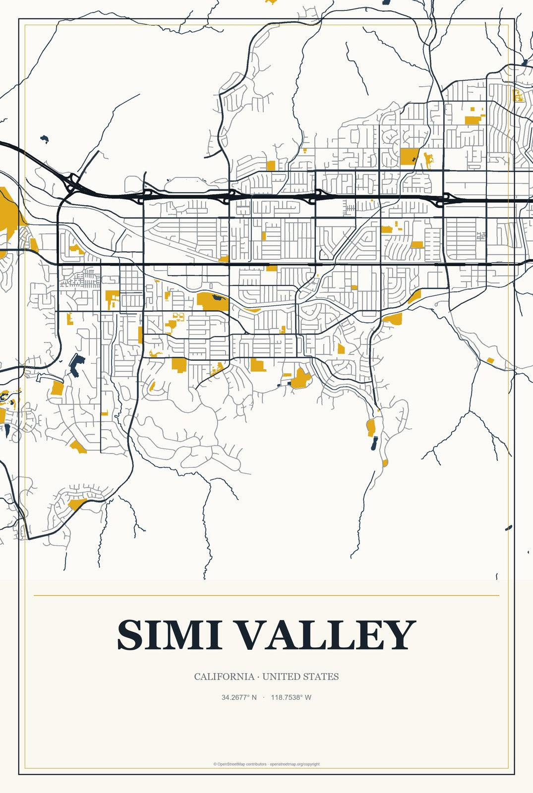 Simi Valley, California City Map Aluminum Sign in Citrine Modern style