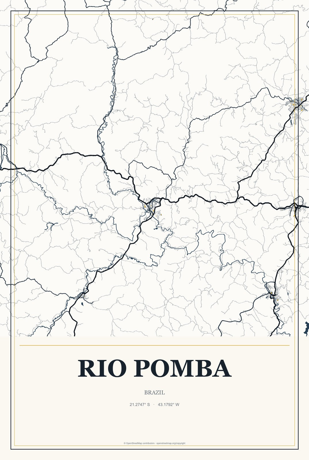 Rio Pomba, Brazil City Map Aluminum Sign in Citrine Modern style