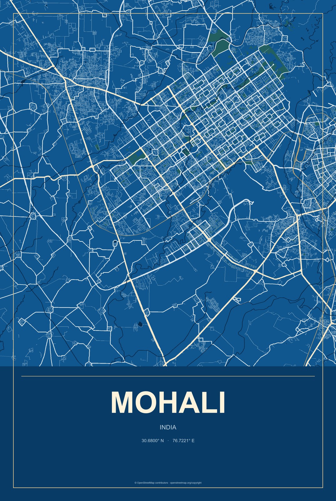 Mohali, India City Map Aluminum Sign in Harbor Cobalt style