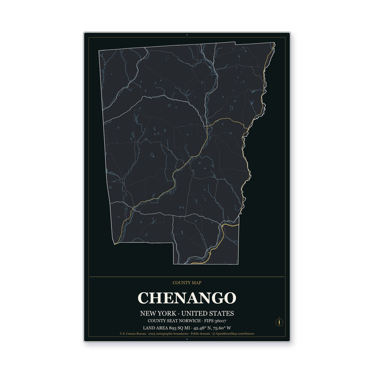Chenango County, New York Map Aluminum Sign in Metropolitan Noir style