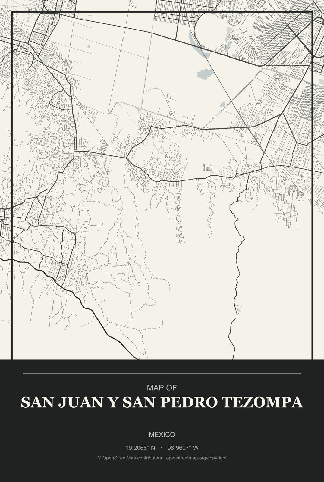 San Juan y San Pedro Tezompa, Mexico City Map Aluminum Sign in Museum Plaque style