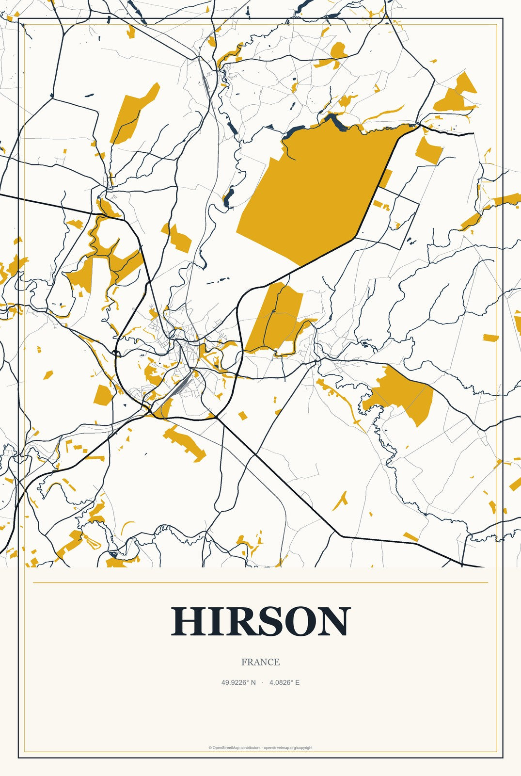 Hirson, France City Map Aluminum Sign in Citrine Modern style