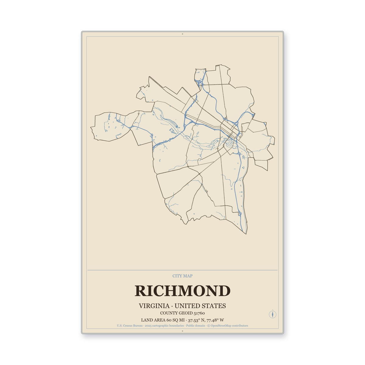 Richmond city, Virginia Map Aluminum Sign in Heritage Nautical style