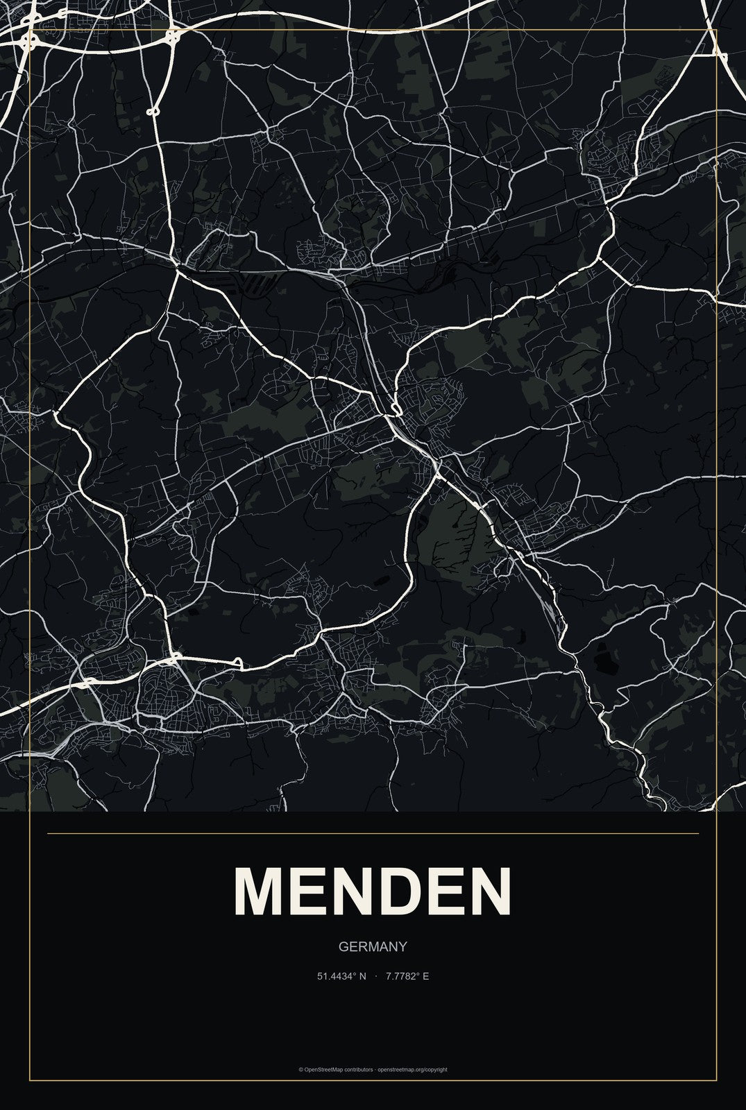 Menden, Germany City Map Aluminum Sign in Metropolitan Noir style
