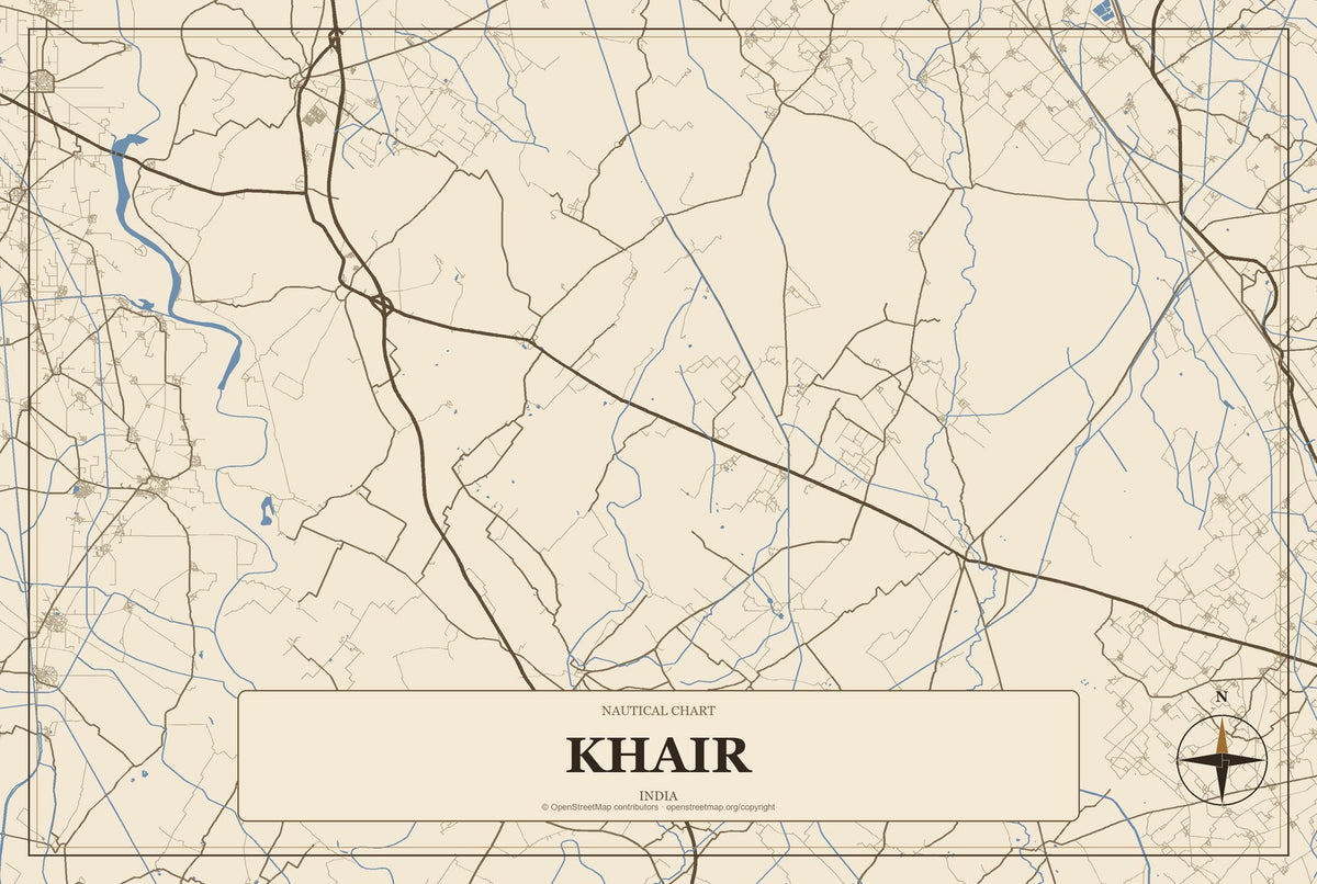 Khair, India City Map Aluminum Sign in Heritage Nautical style