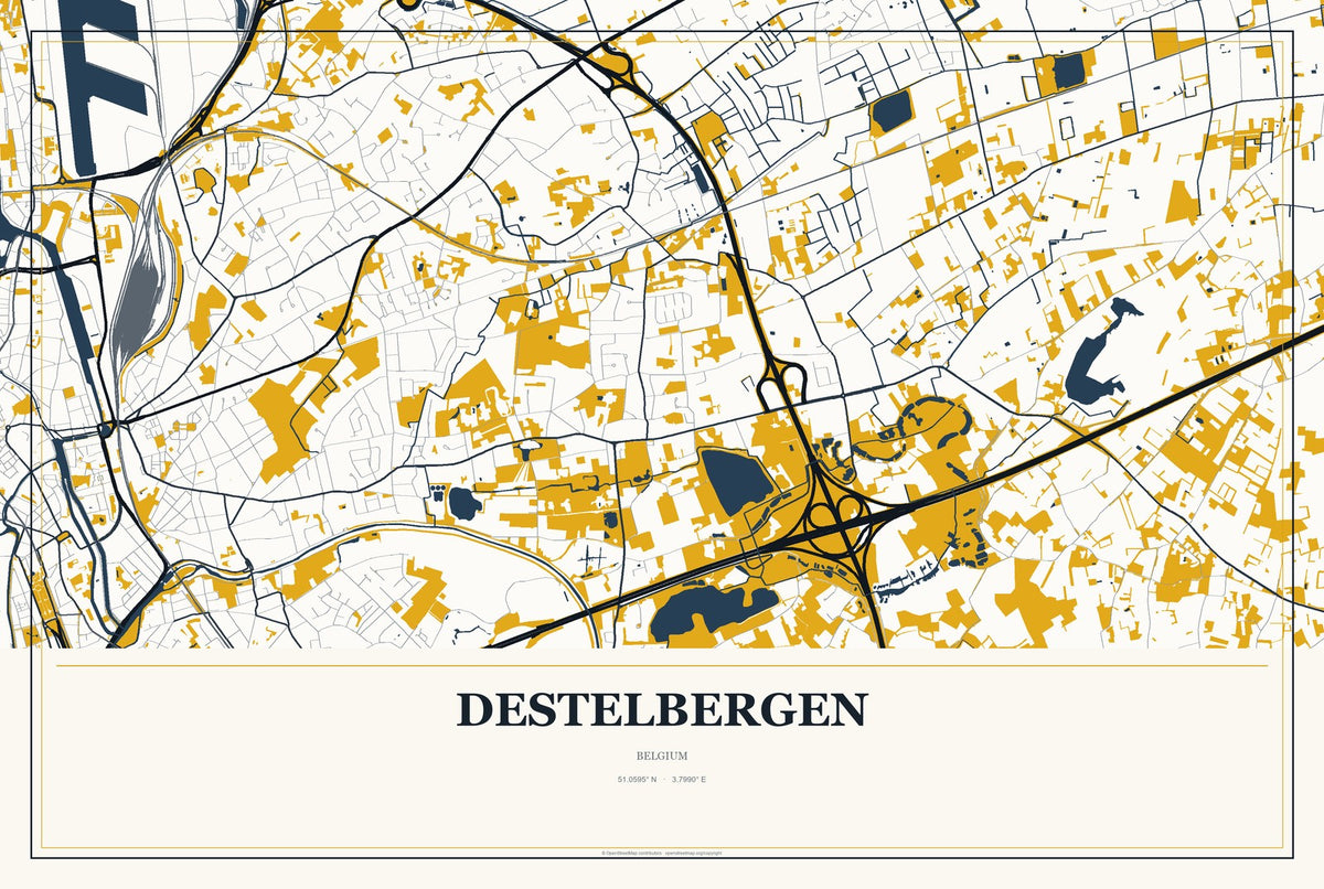 Destelbergen, Belgium City Map Aluminum Sign in Citrine Modern style
