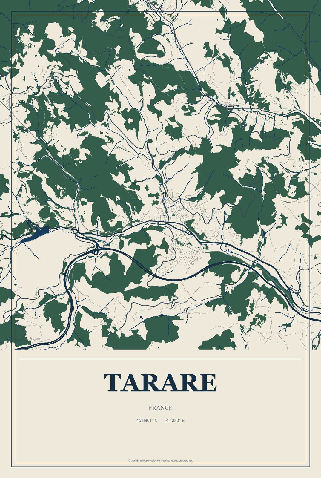 Tarare, France City Map Aluminum Sign in Coastal Cutout style
