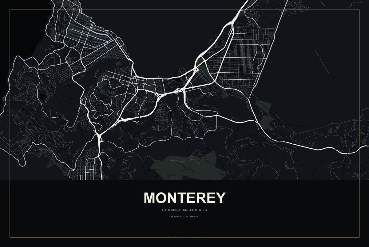 Monterey, California City Map Aluminum Sign in Metropolitan Noir style