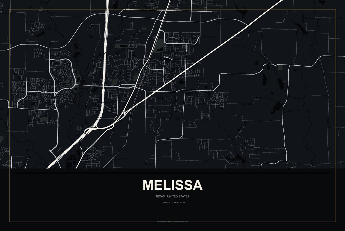 Melissa, Texas City Map Aluminum Sign in Metropolitan Noir style