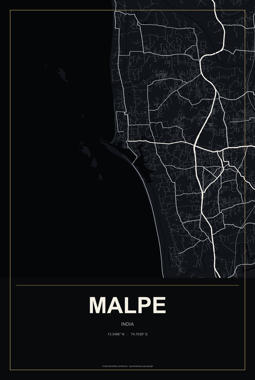 Malpe, India City Map Aluminum Sign in Metropolitan Noir style