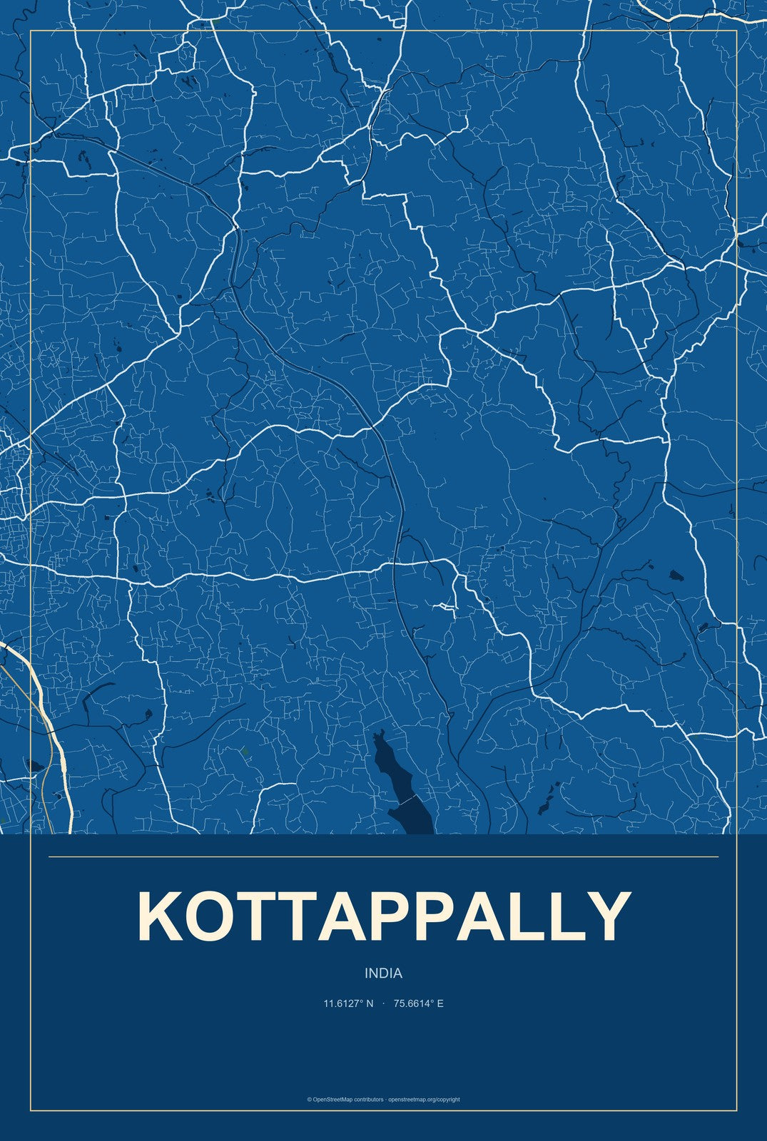 Kottappally, India City Map Aluminum Sign in Harbor Cobalt style
