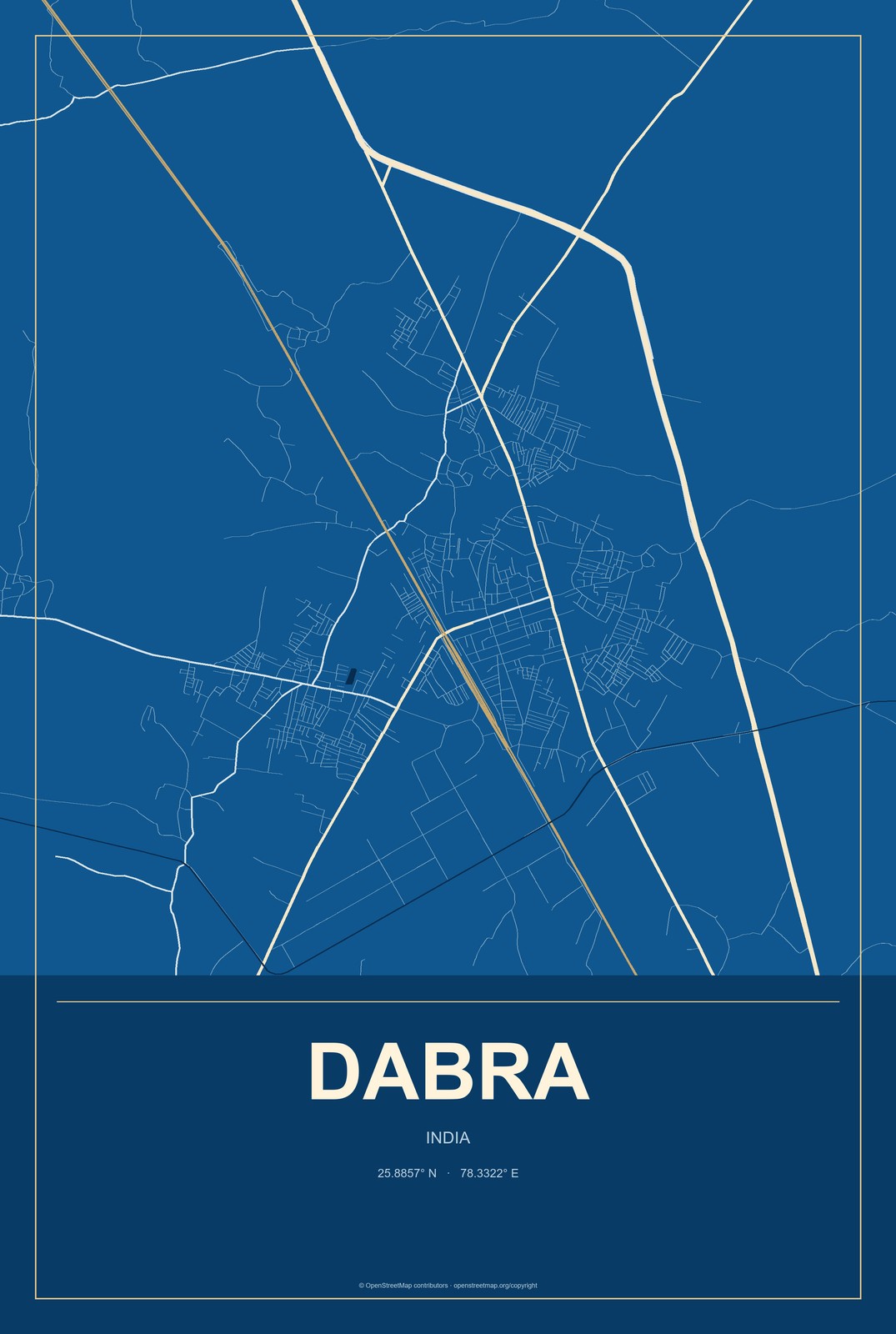 Dabra, India City Map Aluminum Sign in Harbor Cobalt style