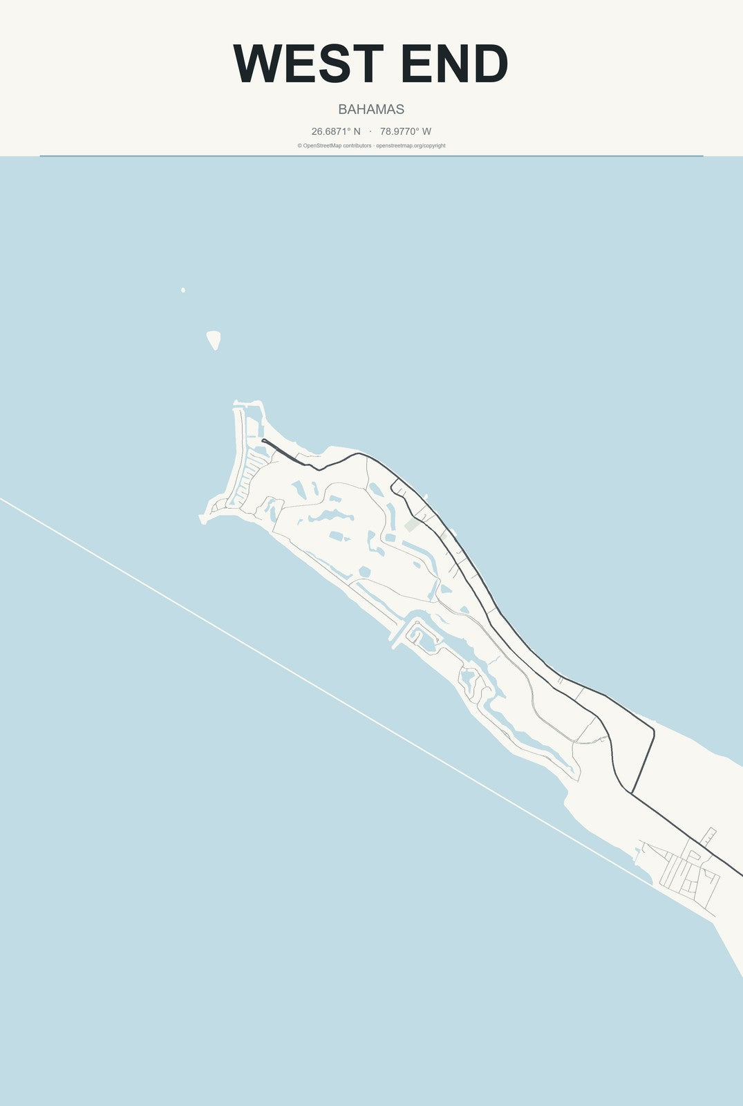 West End, Bahamas City Map Aluminum Sign in Headline Atlas style
