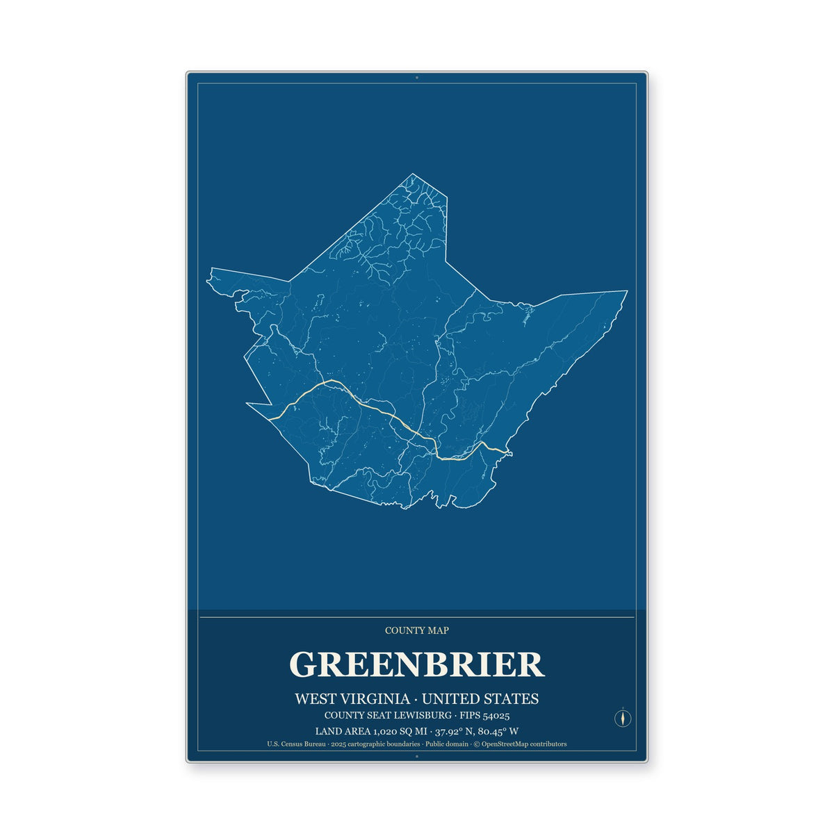 Greenbrier County, West Virginia Map Aluminum Sign in Harbor Cobalt style