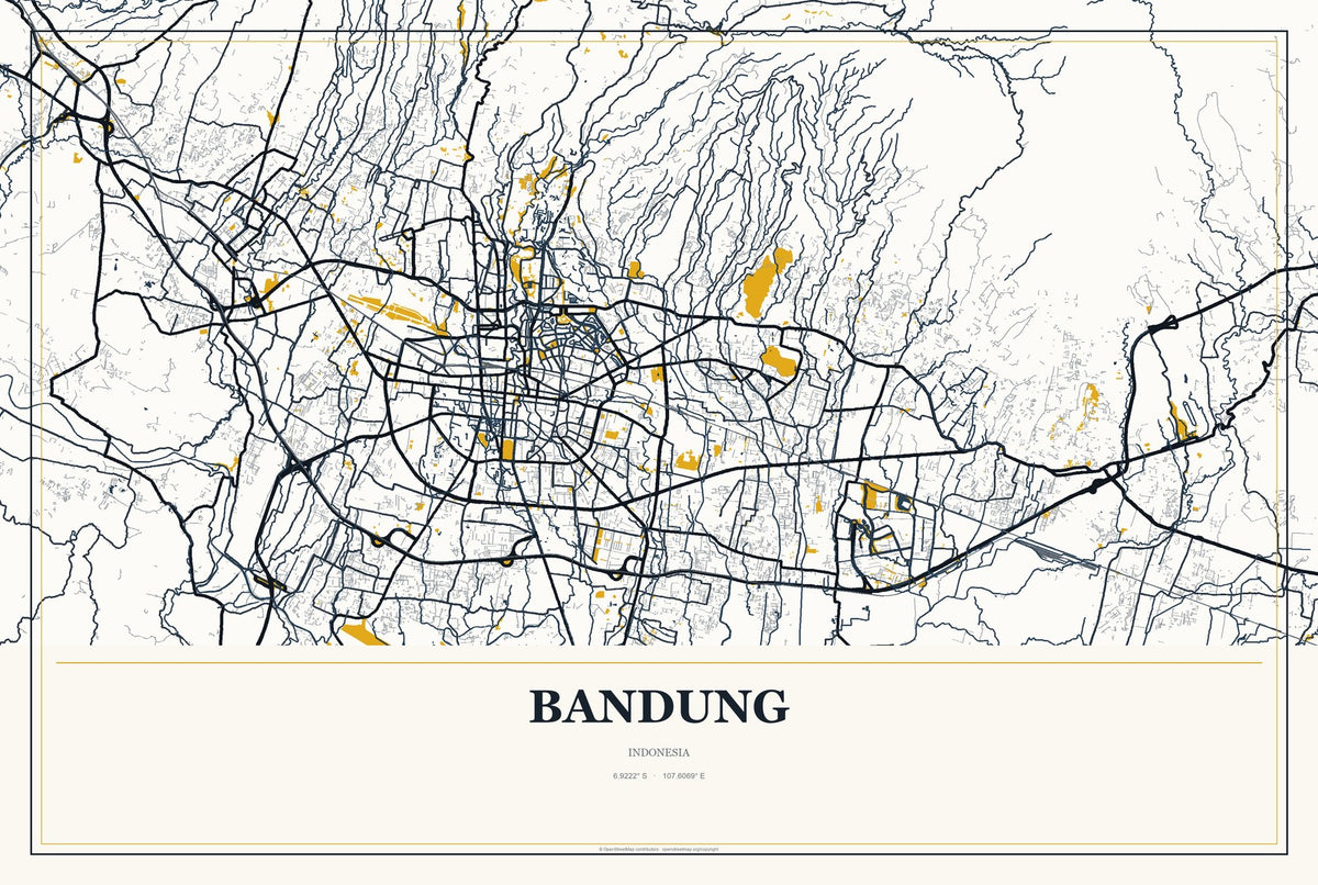 Bandung, Indonesia City Map Aluminum Sign in Citrine Modern style