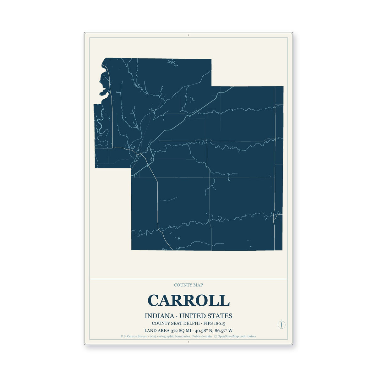 Carroll County, Indiana Map Aluminum Sign in Coastal Cutout style