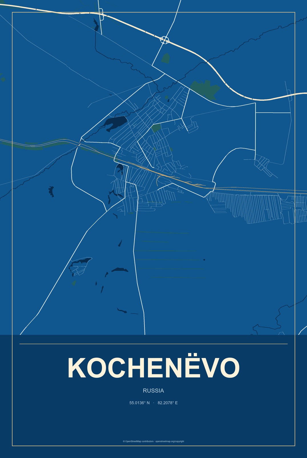 Kochenëvo, Russia City Map Aluminum Sign in Harbor Cobalt style