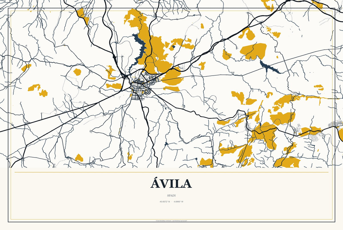Ávila, Spain City Map Aluminum Sign in Citrine Modern style