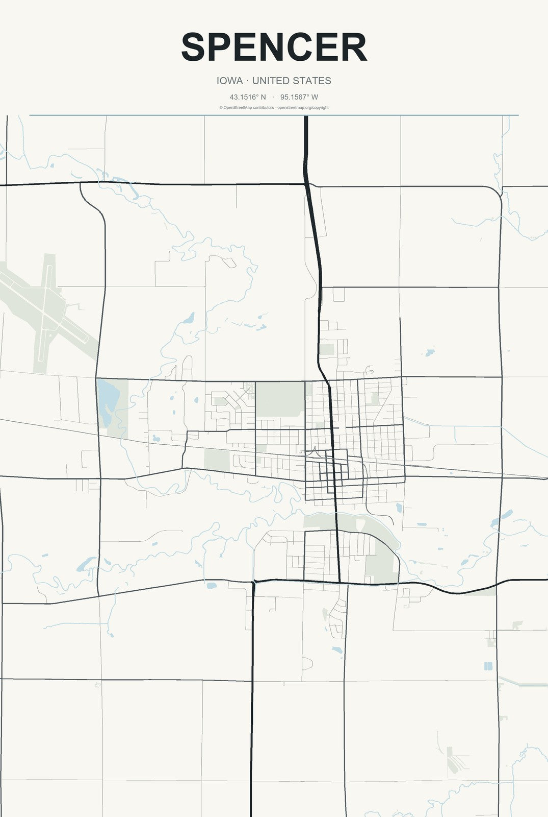 Spencer, Iowa City Map Aluminum Sign in Headline Atlas style