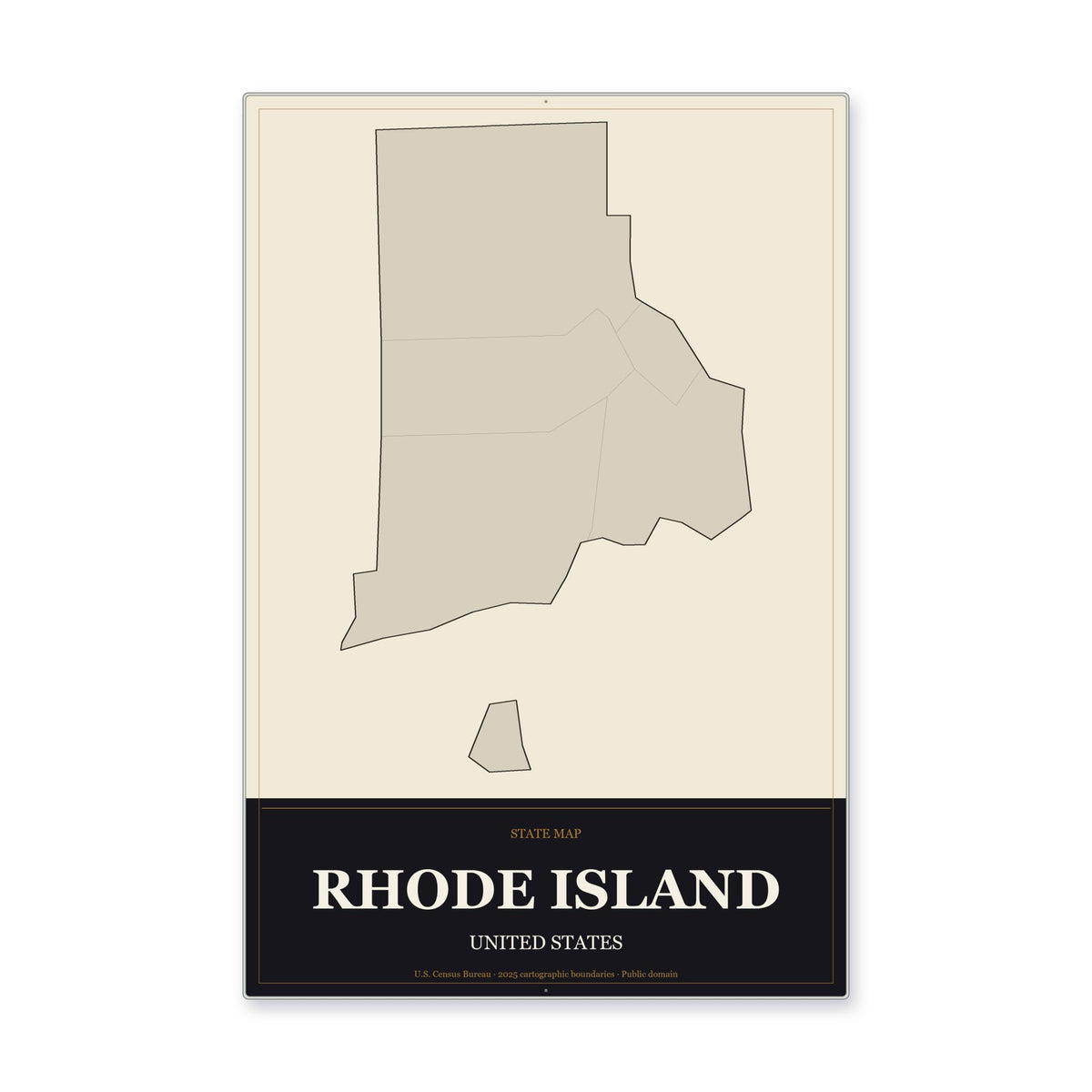 Rhode Island state map aluminum sign in Museum Plaque style