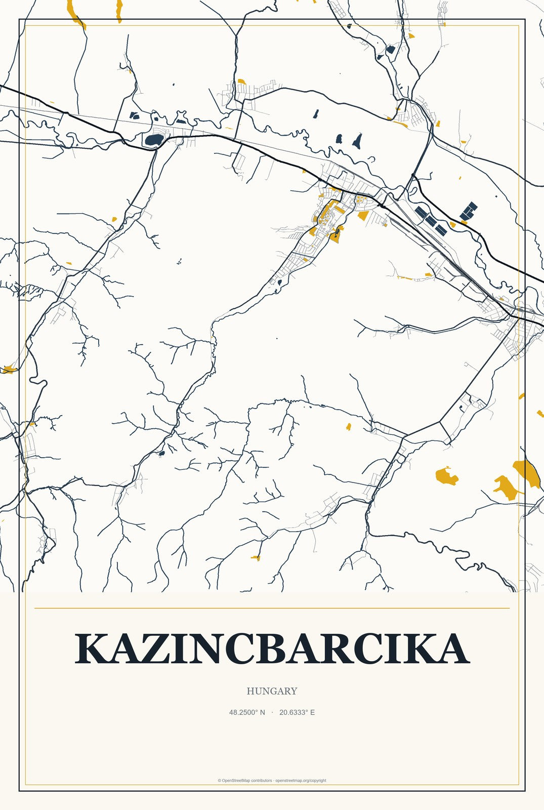 Kazincbarcika, Hungary City Map Aluminum Sign in Citrine Modern style
