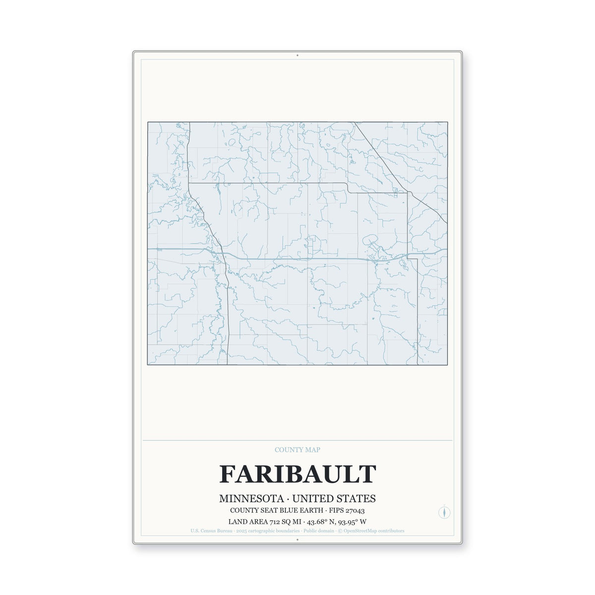 Faribault County, Minnesota Map Aluminum Sign in Gallery Air style