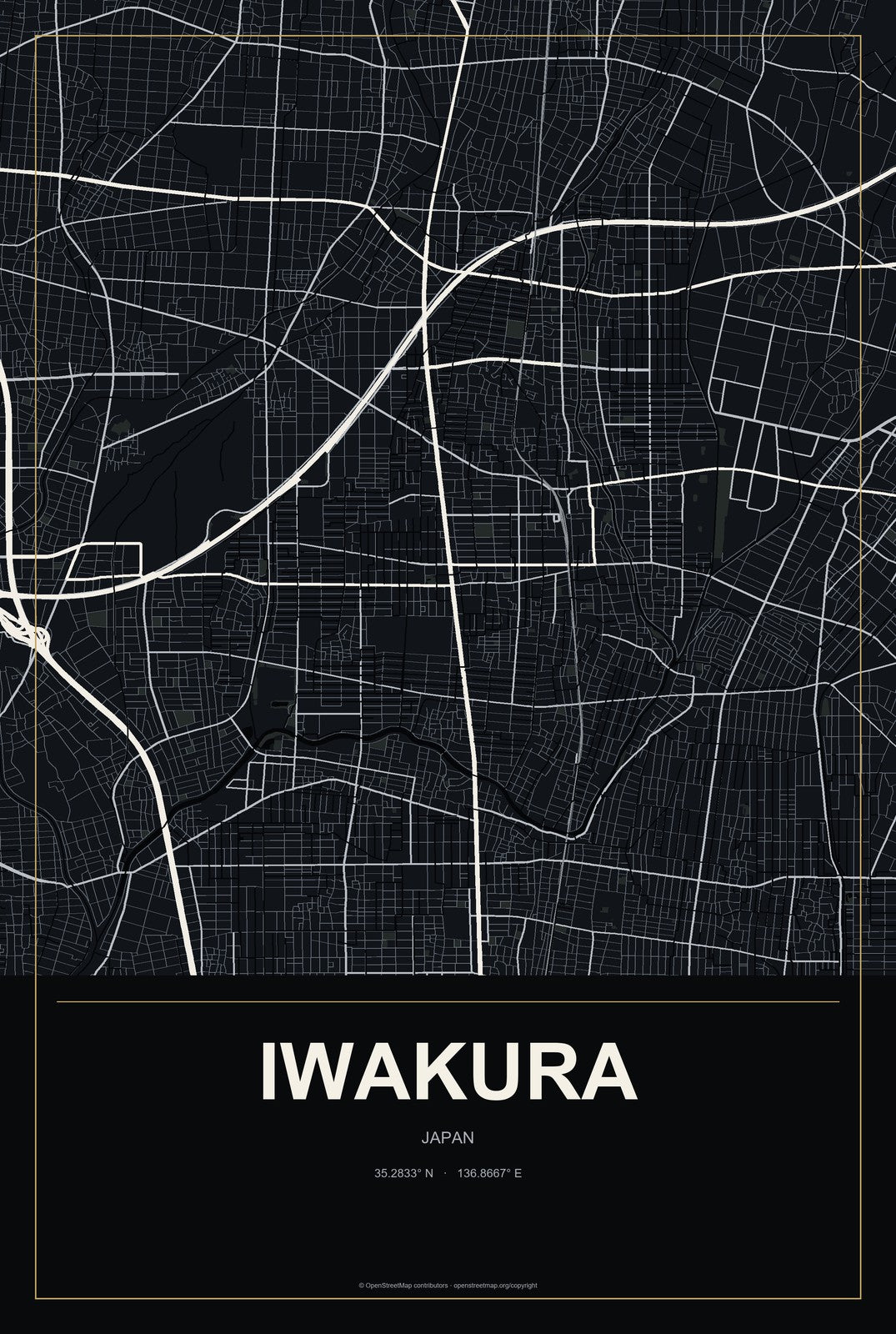 Iwakura, Japan City Map Aluminum Sign in Metropolitan Noir style