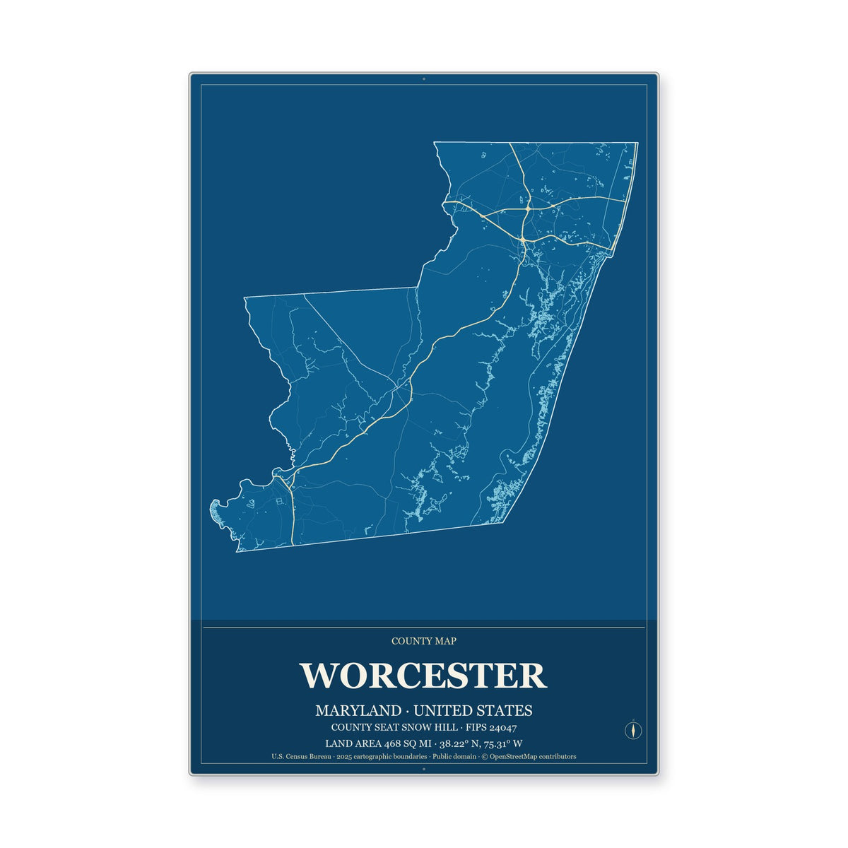 Worcester County, Maryland Map Aluminum Sign in Harbor Cobalt style