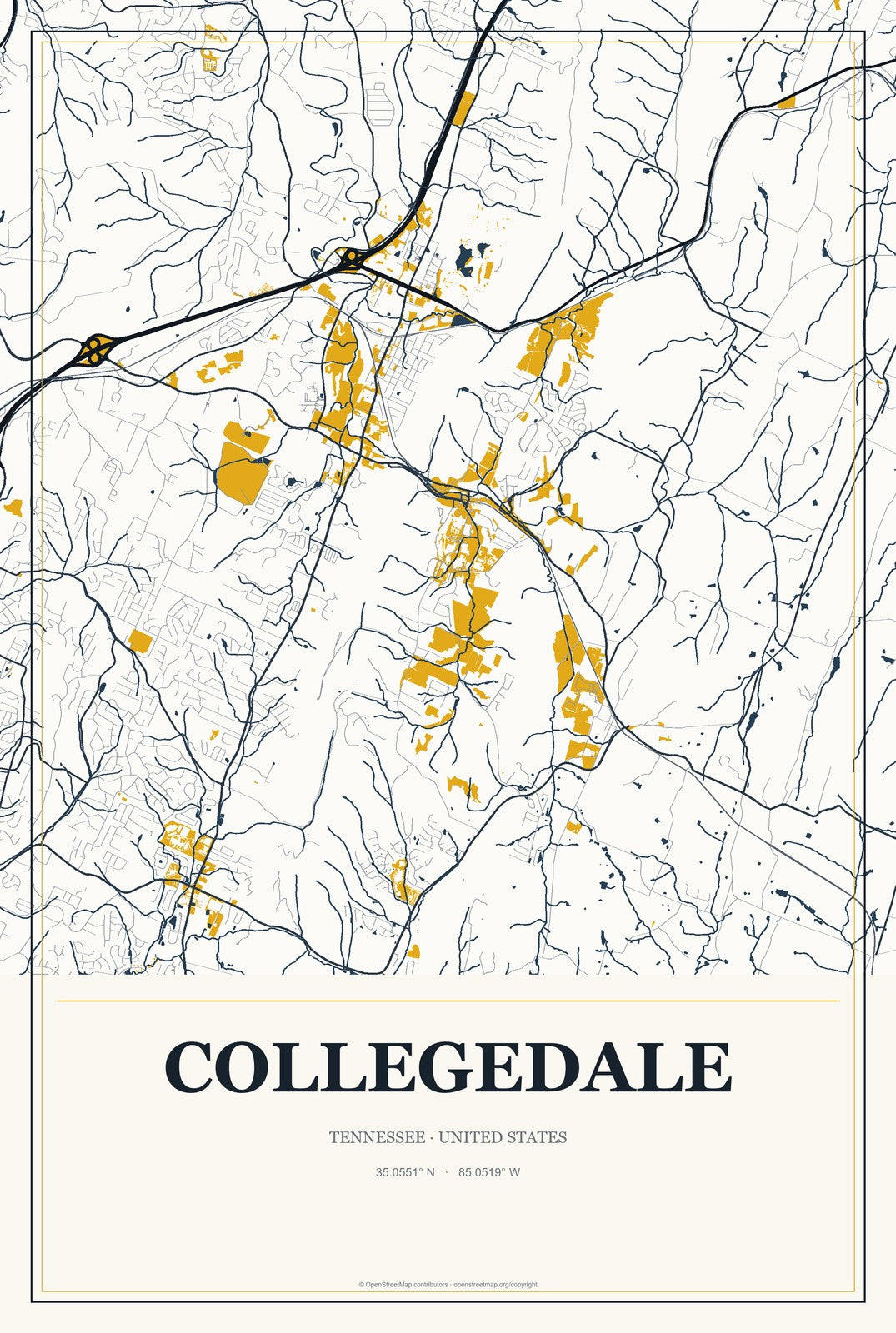 Collegedale, Tennessee City Map Aluminum Sign in Citrine Modern style