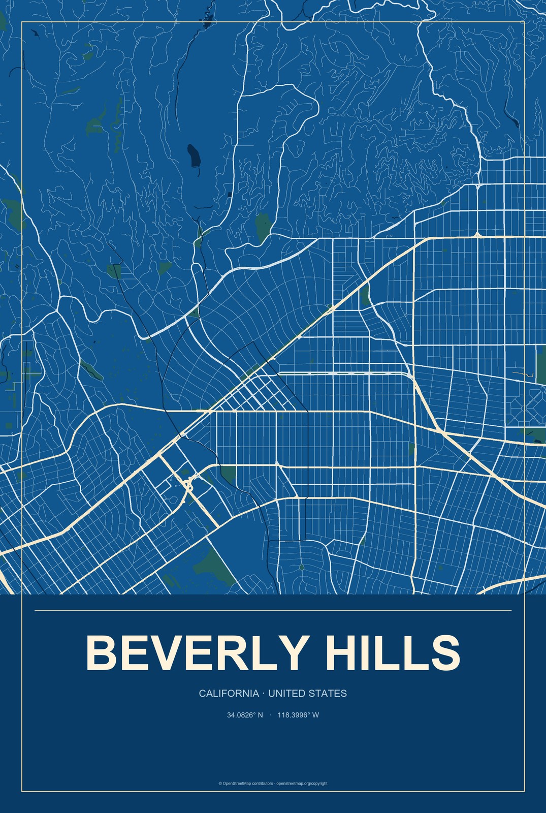 Beverly Hills, California City Map Aluminum Sign in Harbor Cobalt style
