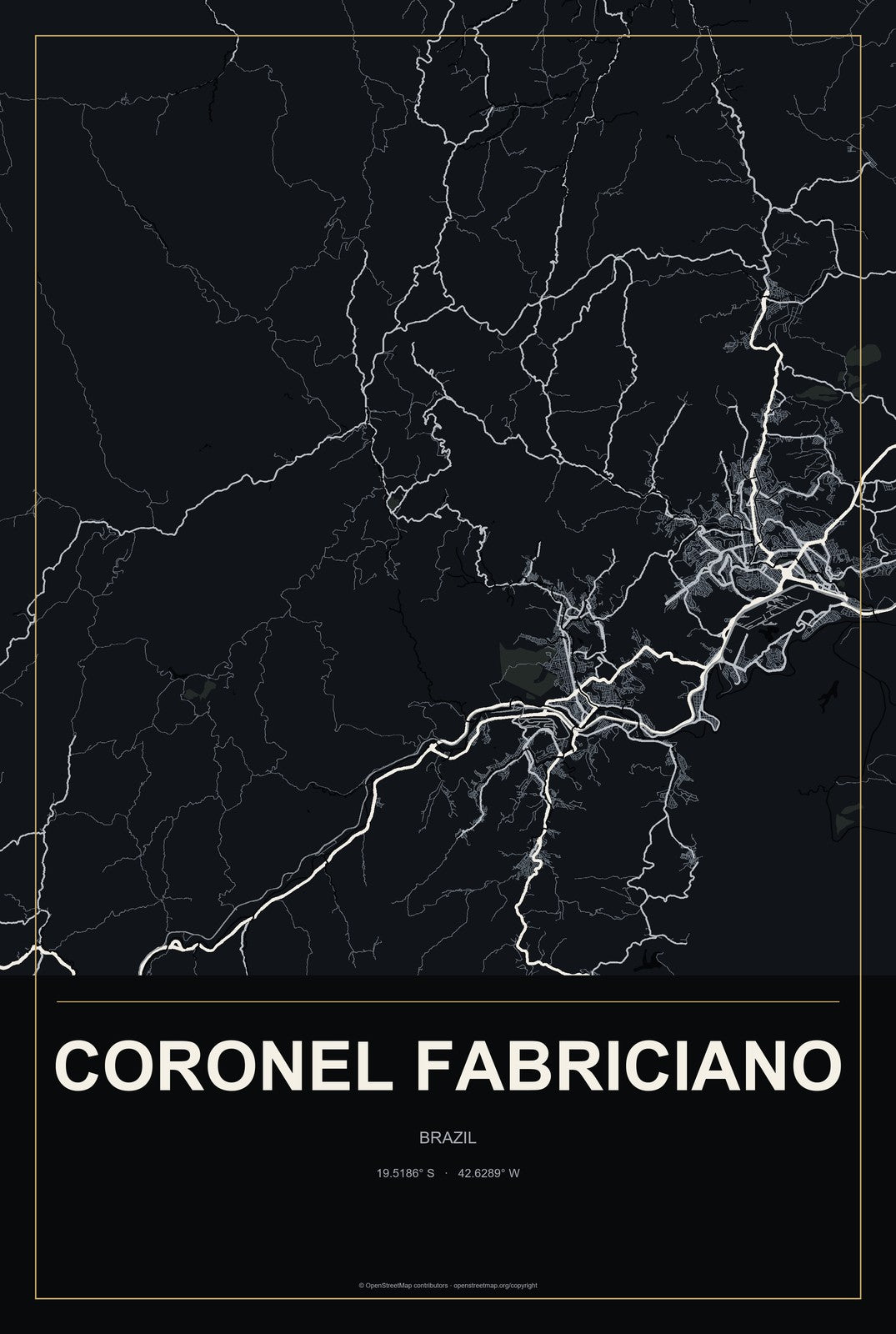 Coronel Fabriciano, Brazil City Map Aluminum Sign in Metropolitan Noir style