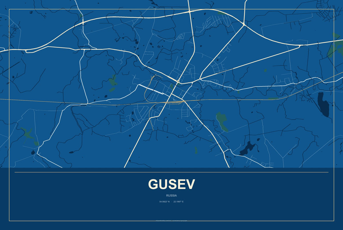 Gusev, Russia City Map Aluminum Sign in Harbor Cobalt style