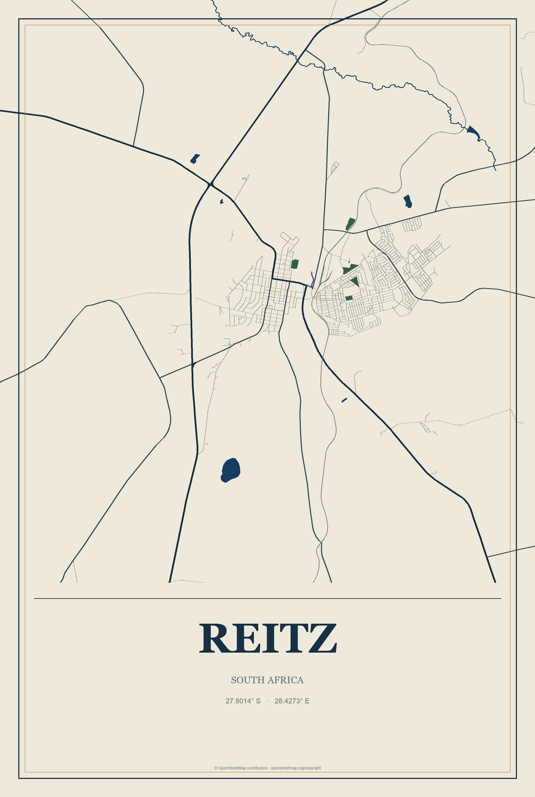 Reitz, South Africa City Map Aluminum Sign in Coastal Cutout style