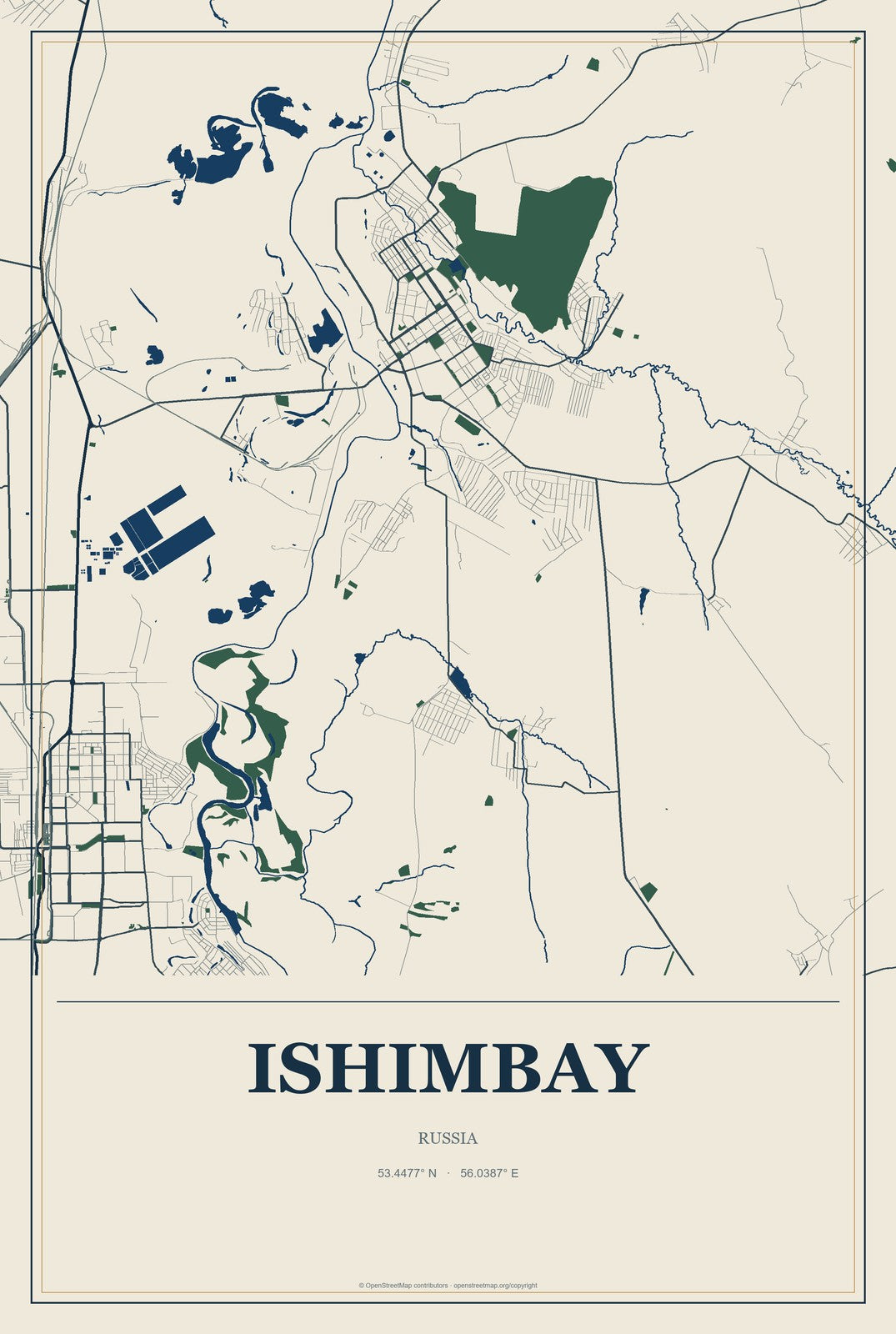 Ishimbay, Russia City Map Aluminum Sign in Coastal Cutout style