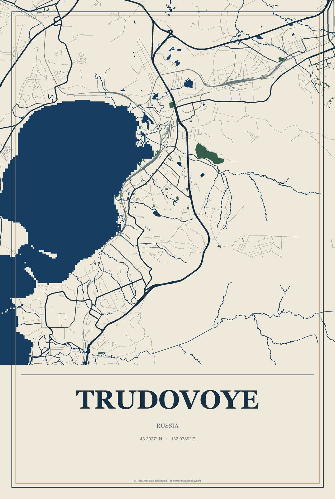 Trudovoye, Russia City Map Aluminum Sign in Coastal Cutout style