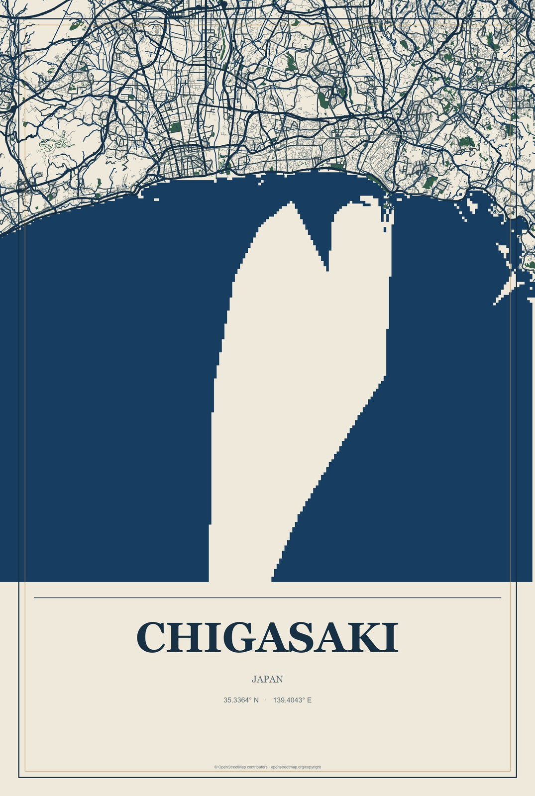 Chigasaki, Japan City Map Aluminum Sign in Coastal Cutout style