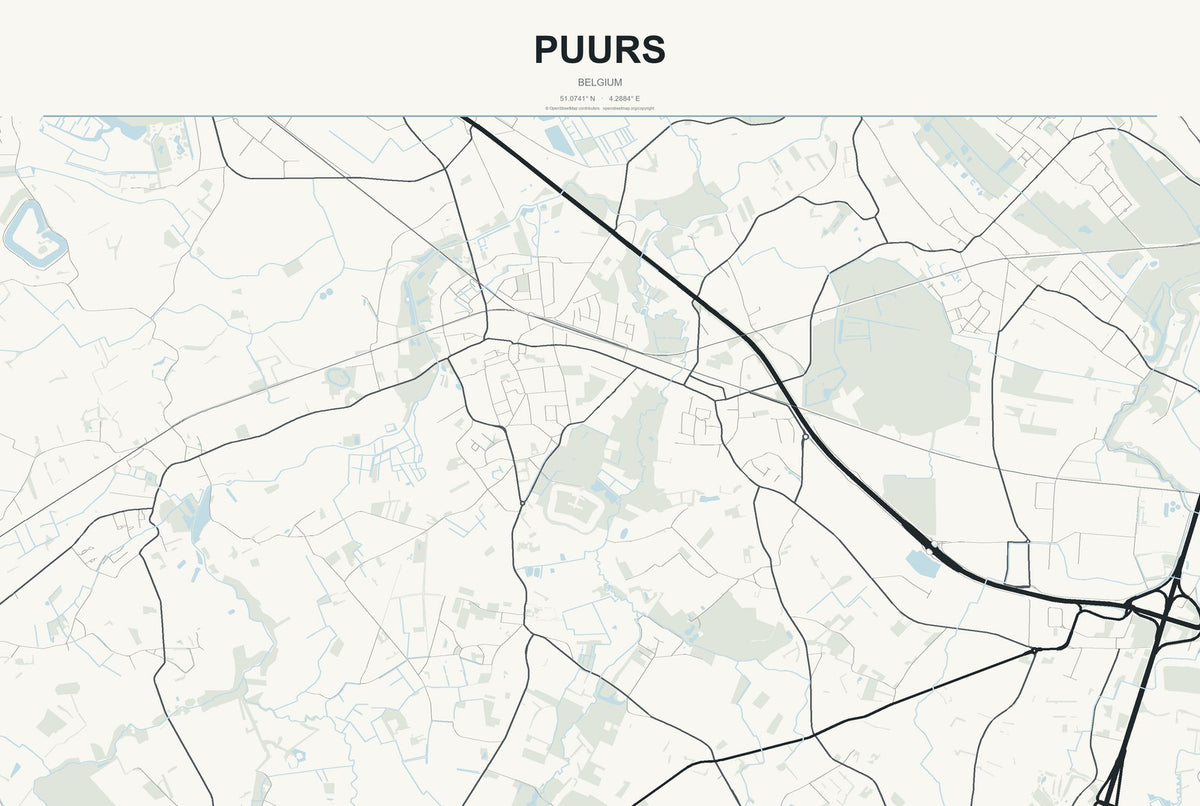 Puurs, Belgium City Map Aluminum Sign in Headline Atlas style