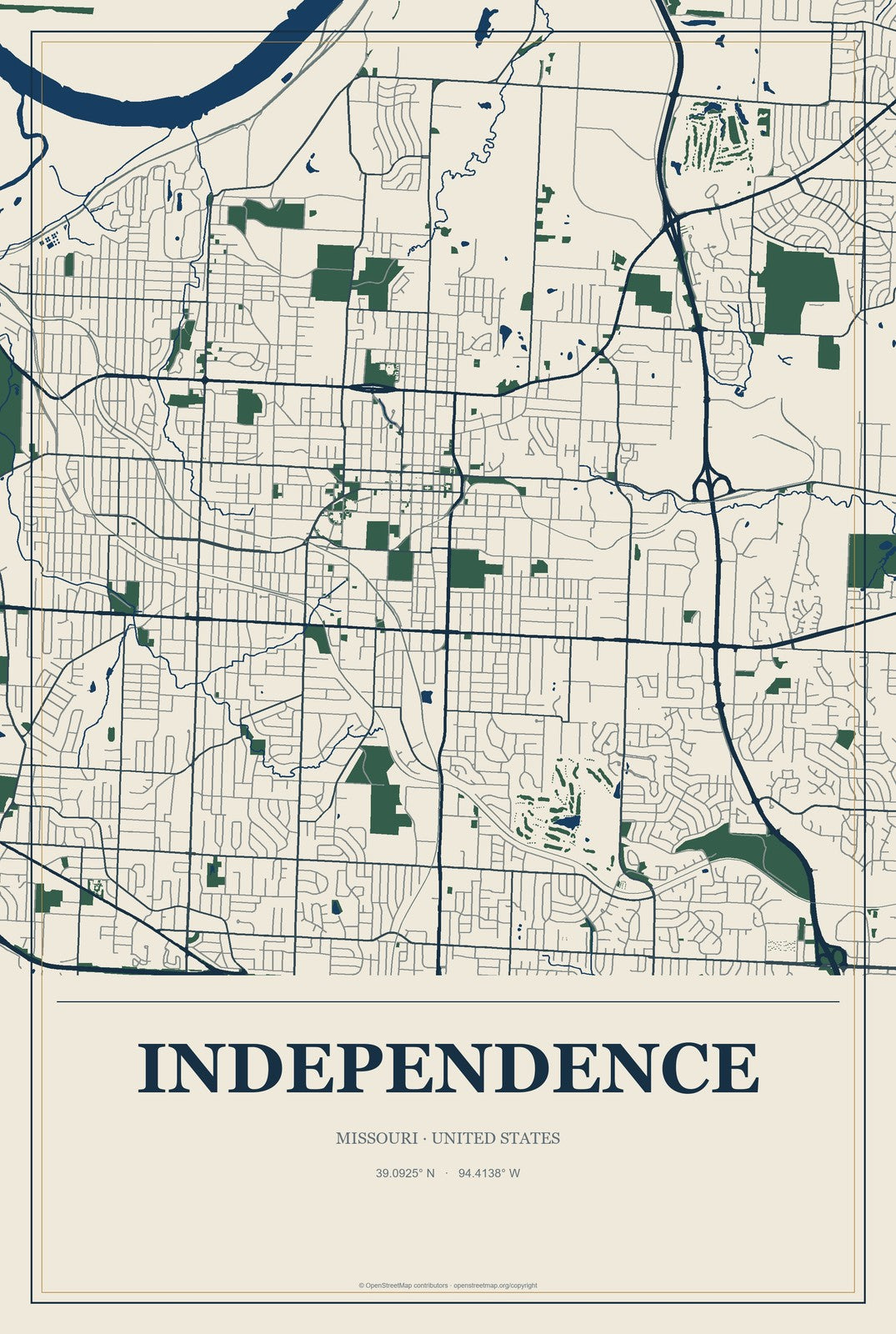 Independence, Missouri City Map Aluminum Sign in Coastal Cutout style
