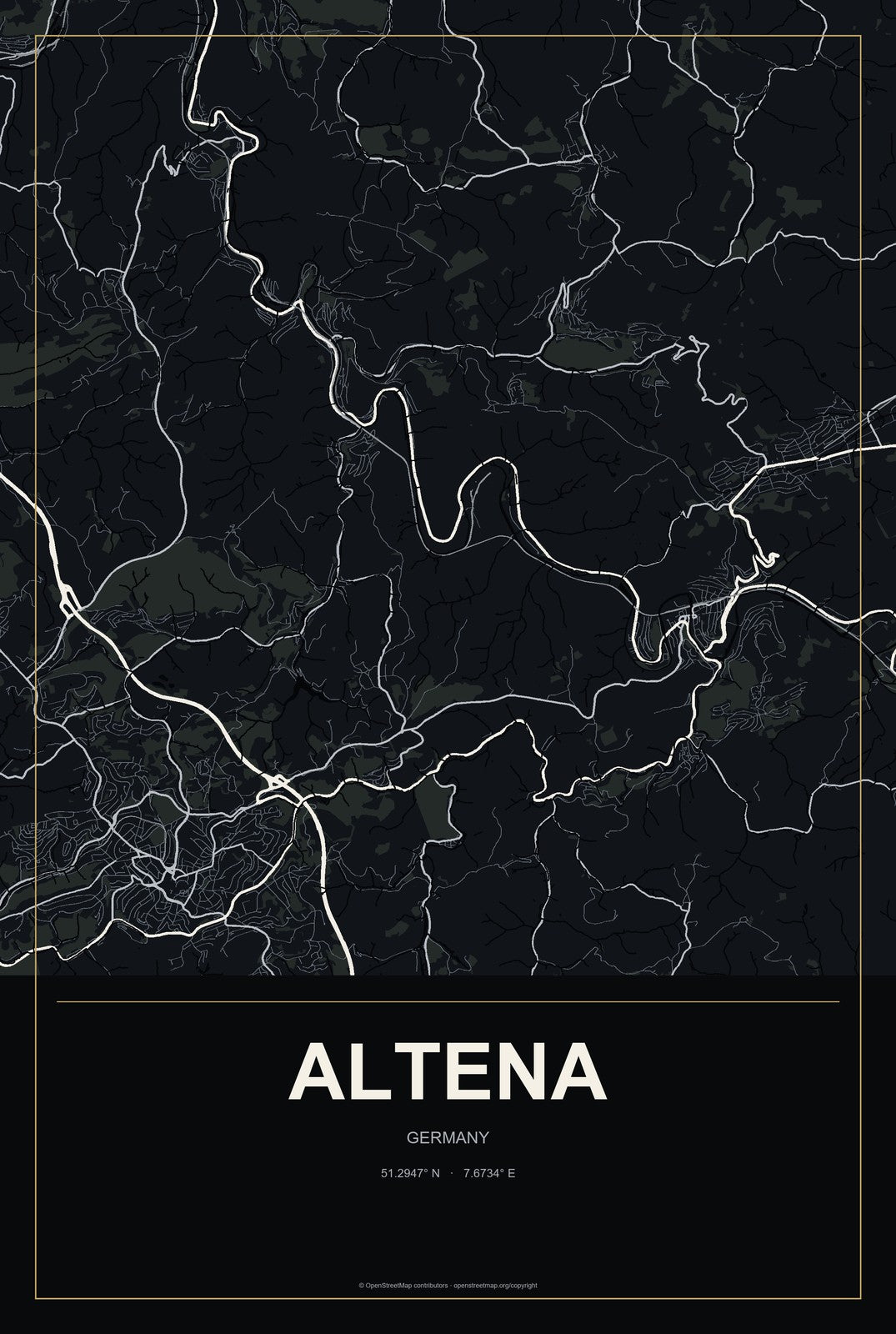 Altena, Germany City Map Aluminum Sign in Metropolitan Noir style