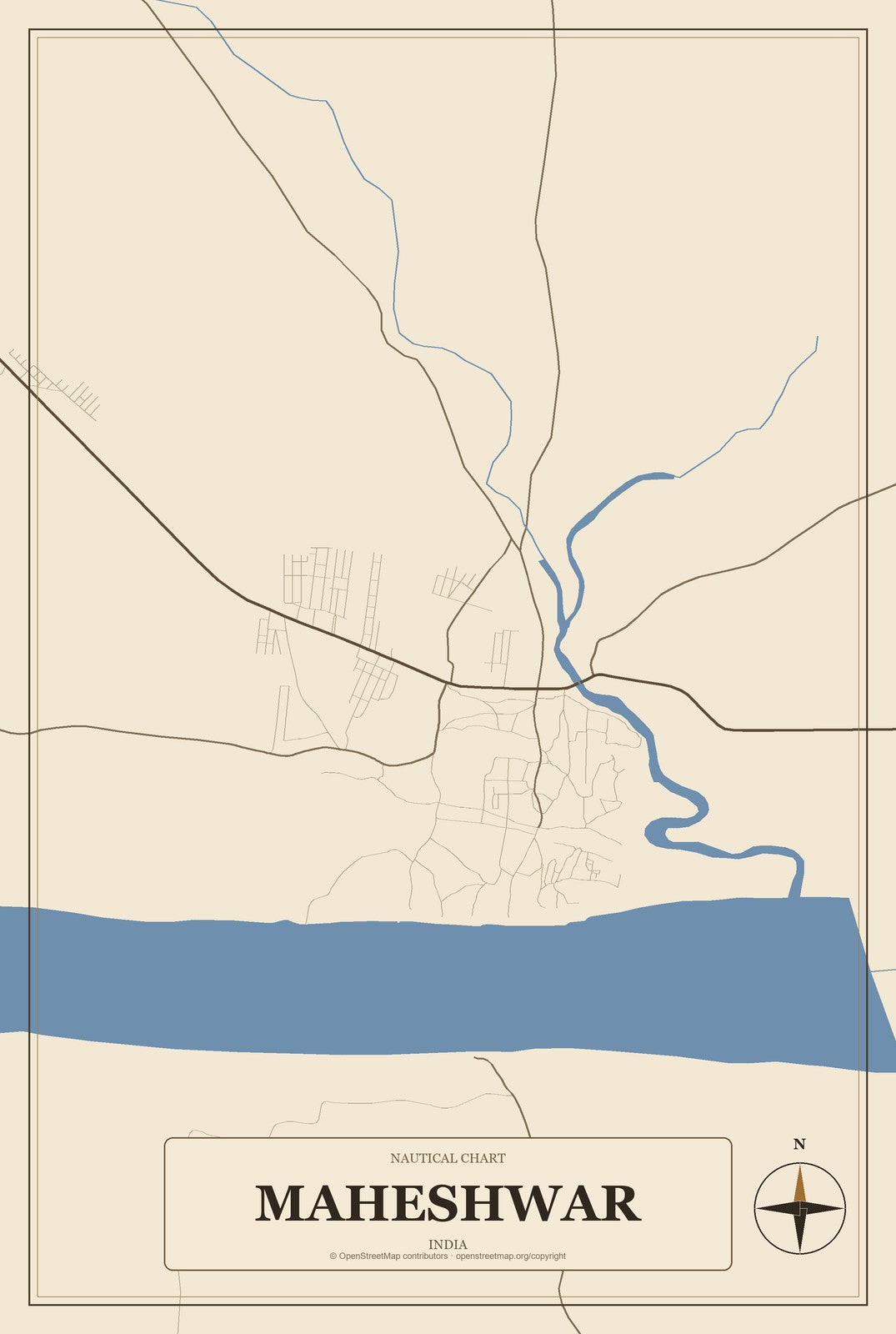 Maheshwar, India City Map Aluminum Sign in Heritage Nautical style