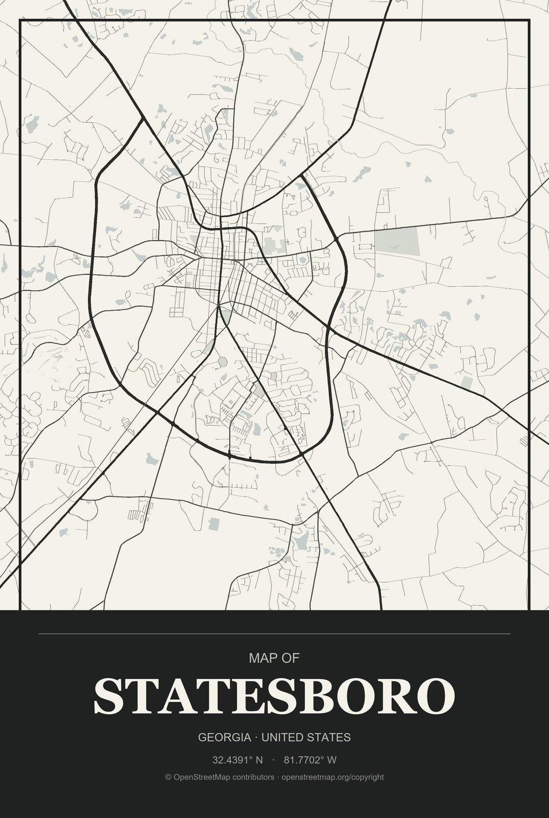 Statesboro, Georgia City Map Aluminum Sign in Museum Plaque style
