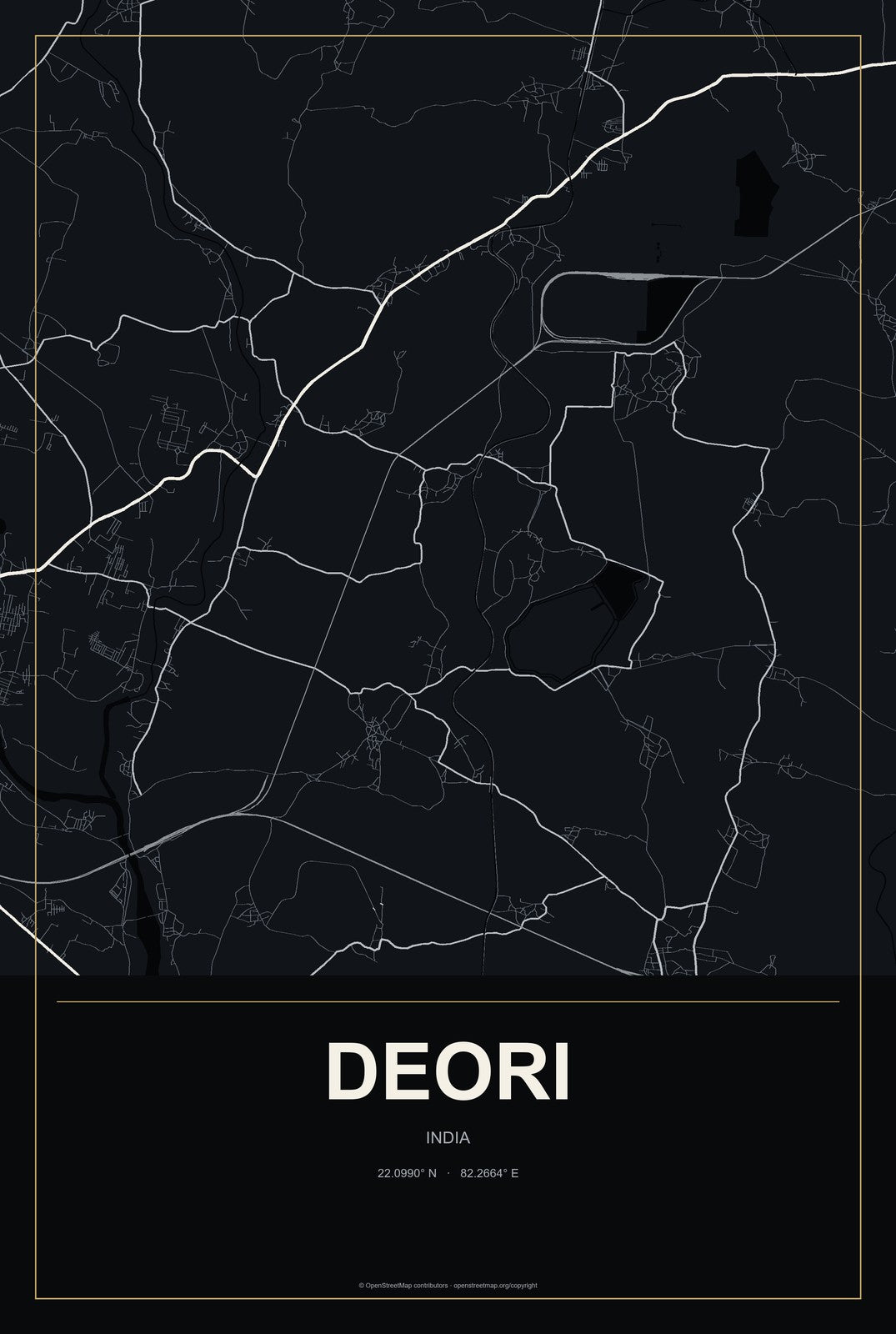 Deori, India City Map Aluminum Sign in Metropolitan Noir style