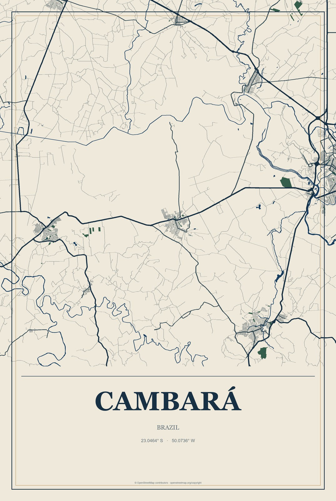 Cambará, Brazil City Map Aluminum Sign in Coastal Cutout style
